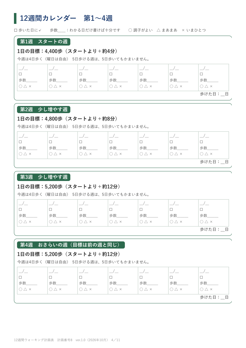 12週間ウォーキング計画表の見本(架空の例です)