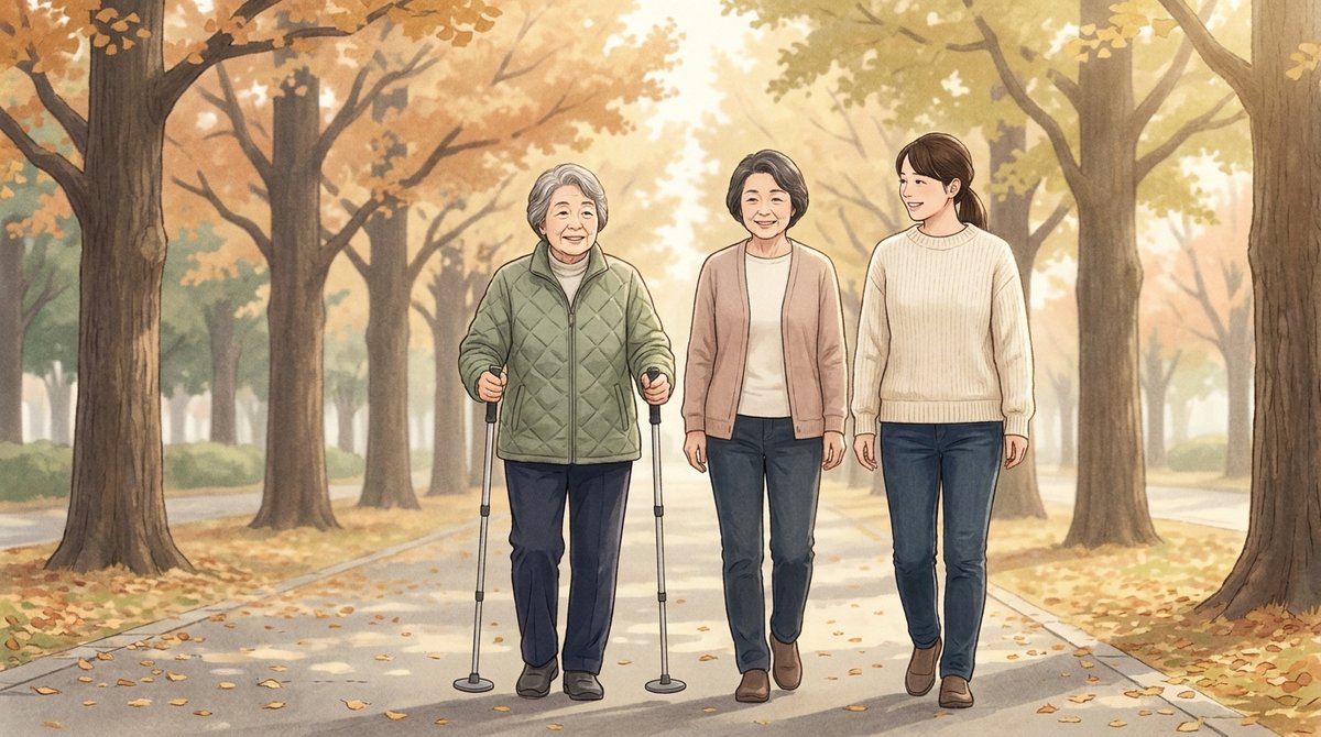 両手に2本杖を持って公園の舗装路を歩く70代の女性と、付き添う娘