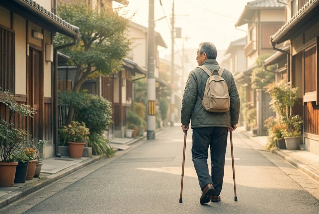 2本杖を両手に持ち、踏み出す足と反対側の杖を前に出して歩く60代の男性