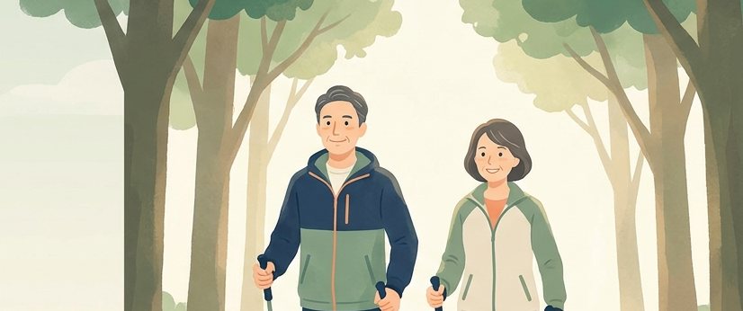 ポールを使って森の道を歩く二人のイラスト