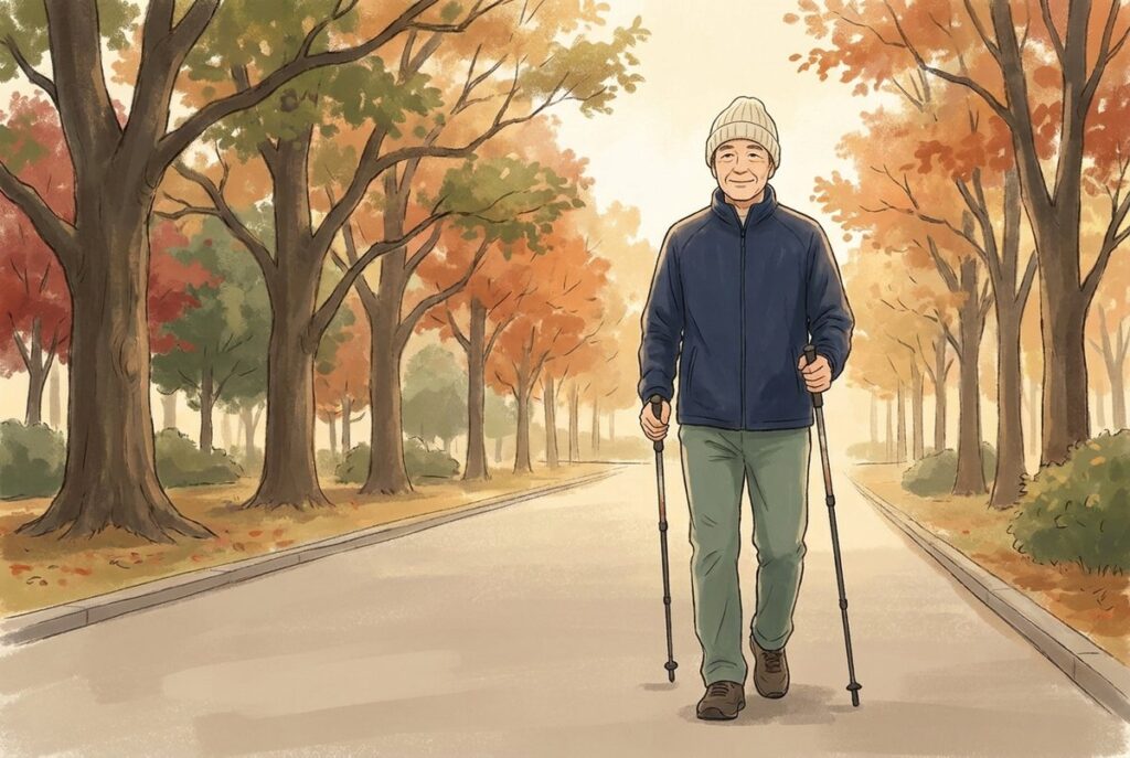 平らな公園の道でポールを使ってノルディックウォーキングをする60代の男性