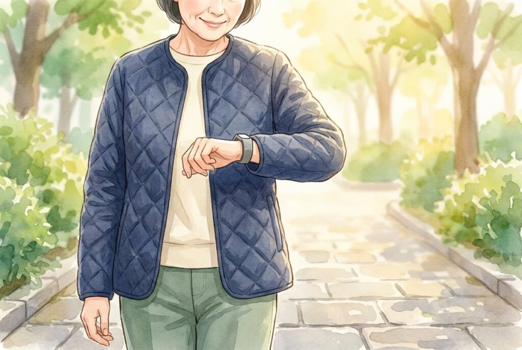 公園の遊歩道で手首の活動量計を見ながら歩く60代の女性
