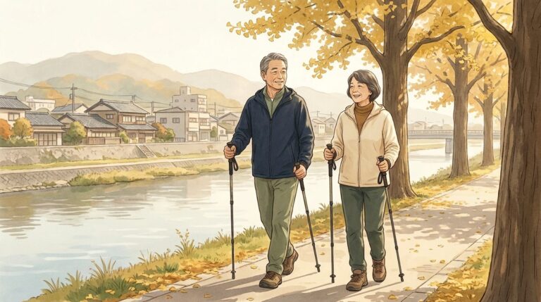 秋の川沿いの道で、2本のウォーキングポールを持って並んで歩く60代の夫婦