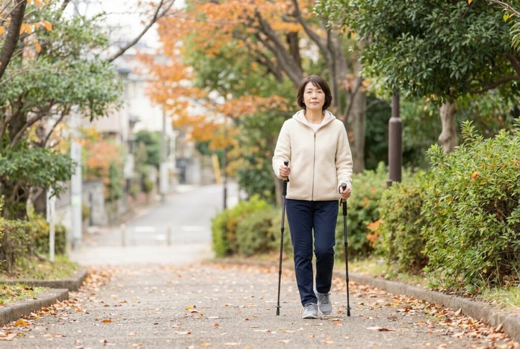 ゆるやかな上り坂で、ポールを前足のかかと付近について歩く50代後半の女性