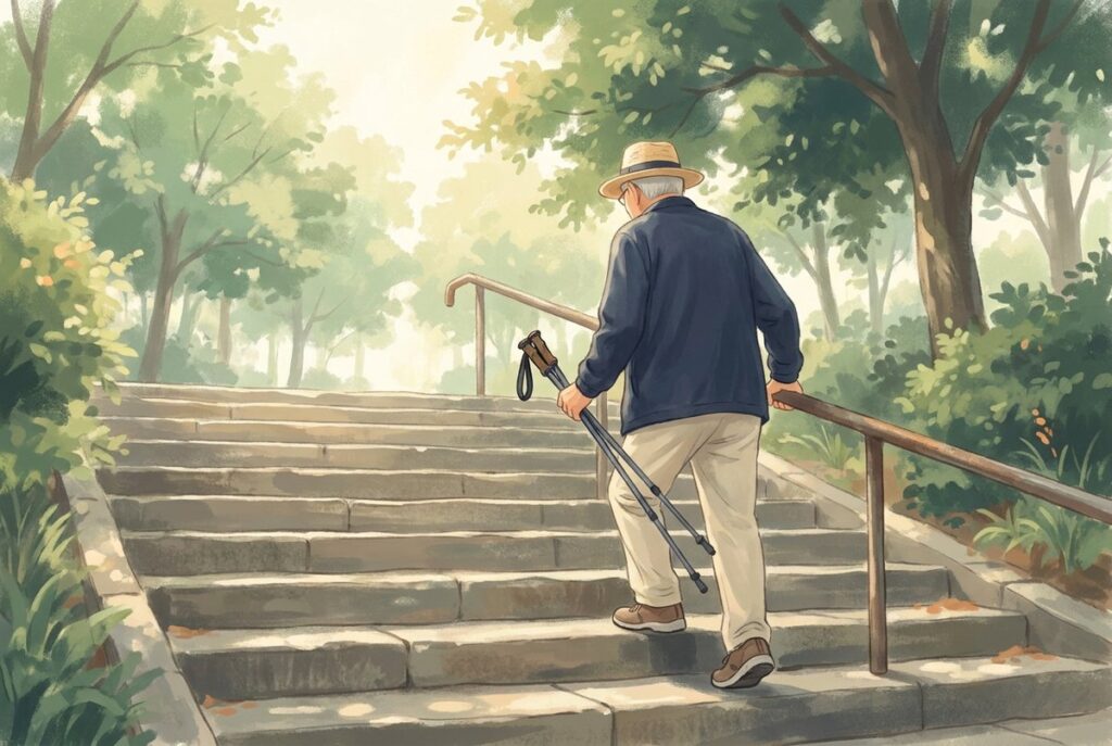 公園の石段で、2本のポールを片手にまとめて持ち、もう一方の手で手すりを持って上る70代の男性