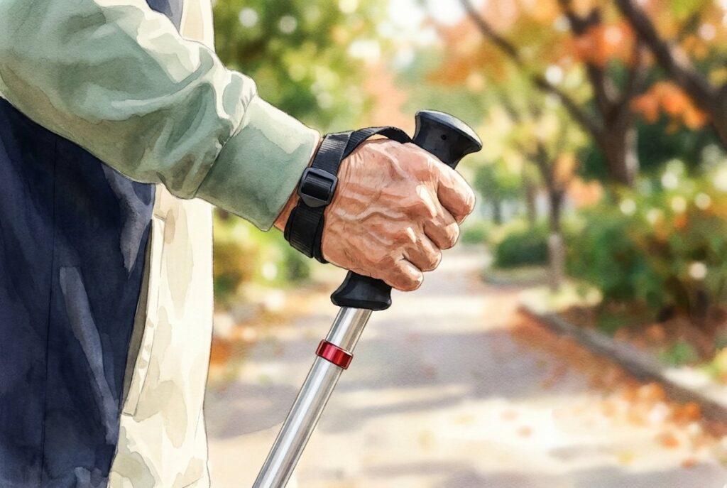 ウォーキングポールのストラップの輪に下から手を通し、グリップを軽く握る60代男性の手元