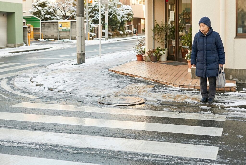 凍結した横断歩道の白線とマンホールのふた、駐車場の出入口がある雪の朝の交差点