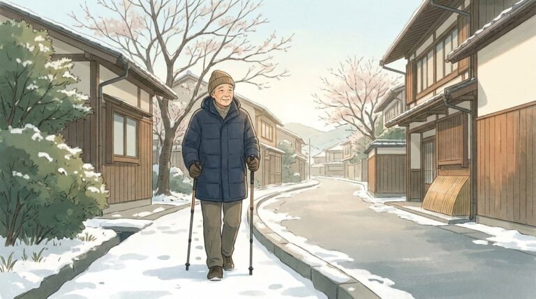 雪の積もった住宅街の歩道を、2本のポールを持って小さな歩幅で歩く60代の男性
