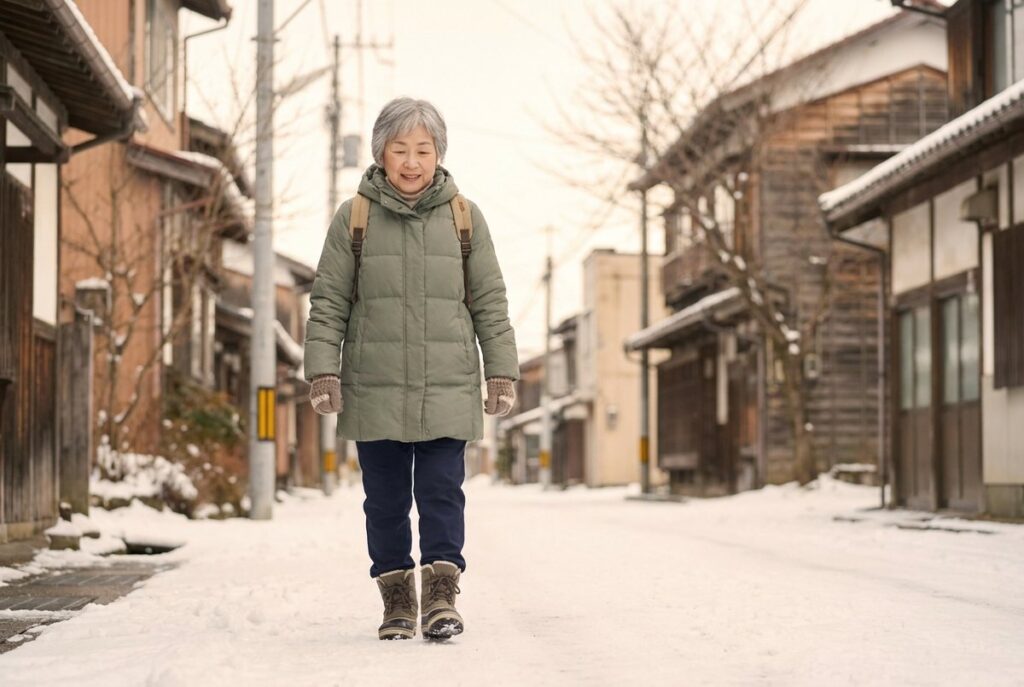 圧雪の歩道を、小さな歩幅で靴の裏全体をつけて歩く60代の女性（ペンギン歩き）